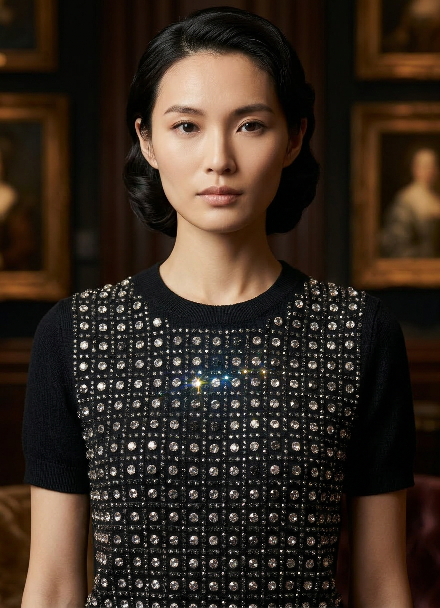 SMALL BLACK 100% CASHMERE TEE WITH INFINITE LINES OF CRYSTAL AND JET BLACK PEARLS ON BLACK BOUCLE FRONT PANELS WITH BLACK SILK LINING AND FIVE CRYSTALS IN GOLD BUTTONS