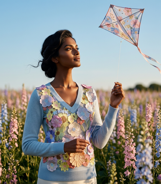 BABY BLUE CASHMERE V NECK LONG SLEEVE WITH FRONT EMBELLISHED WITH PINK/ CORAL/ YELLOW AND LAVENDER FLOWERS ON BABY BLUE TULLE (SIZE S)