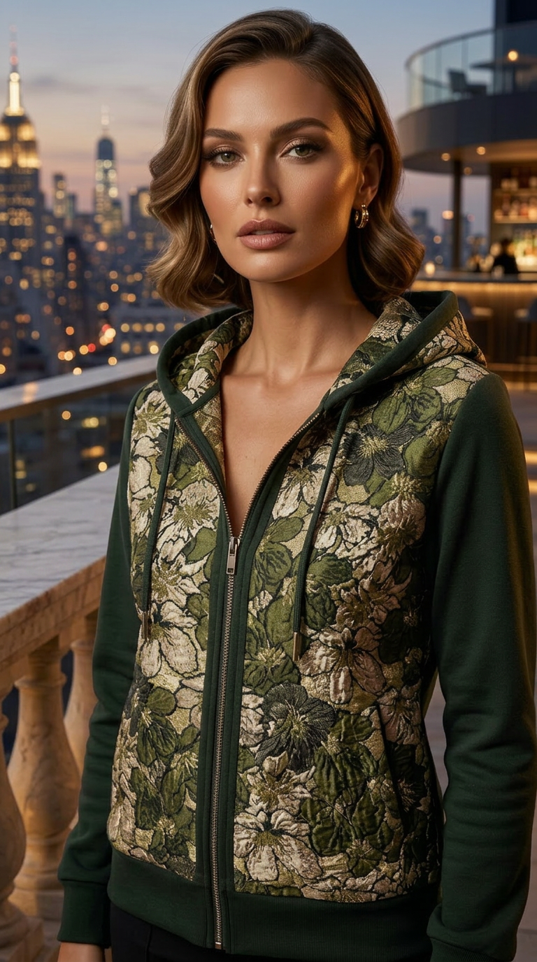 MEDIUM MOSS GREEN 100% CASHMERE, LONG SLEEVE HOODIE ON THE AVACADO SIDE OF OH SO SEVENTIES, AVACADO AND GOLD KHAKI FLORAL BROCADE FRONT PANELS AND HOOD