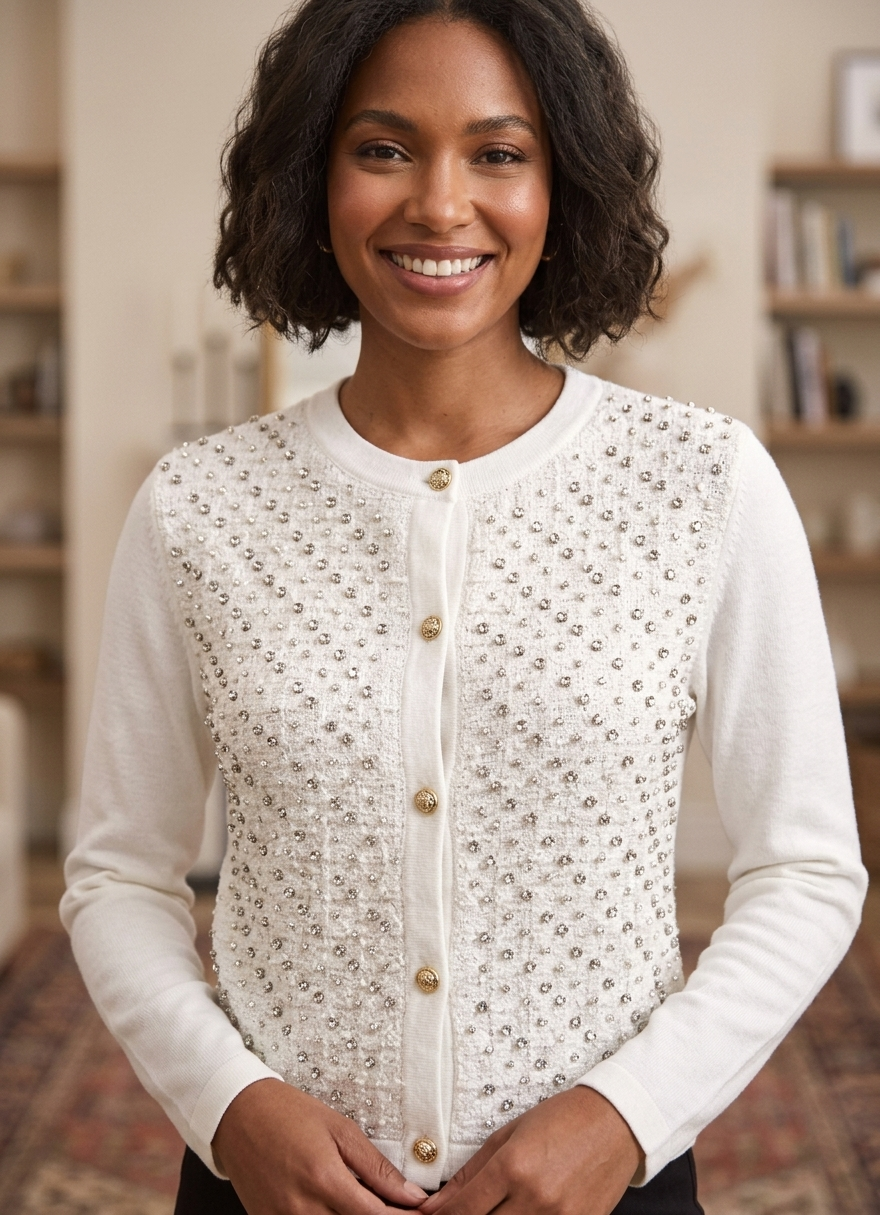 MEDIUM WHITE COTTON CREW NECK LONG SLEEVE CARDI JACKET WITH INFINITE LINES OF CRYSTALS AND PEARLS ON WHITE BOUCLE FRONT PANELS WITH WHITE SILK LINING AND 3 PEARL IN GOLD BUTTONS