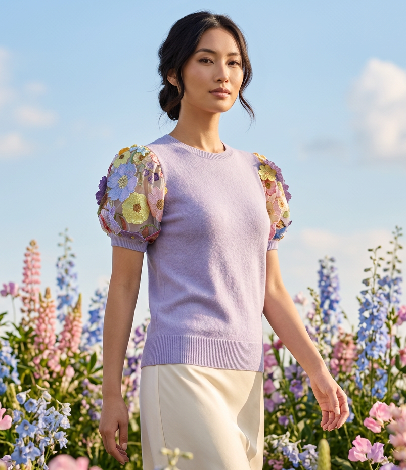 LAVENDER CASHMERE CREW NECK WITH SHORT  PUFF SLEEVE EMBElLISHED WITH PINK/CORAL/YELLOW AND LAVENDER FLOWERS ON BABY BLUE TULLE & SLEEVES (SIZE S)