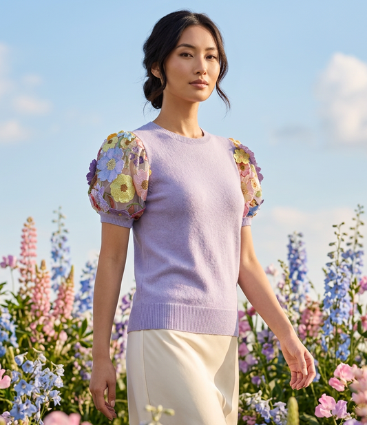 LAVENDER CASHMERE CREW NECK WITH SHORT  PUFF SLEEVE EMBElLISHED WITH PINK/CORAL/YELLOW AND LAVENDER FLOWERS ON BABY BLUE TULLE & SLEEVES (SIZE S)