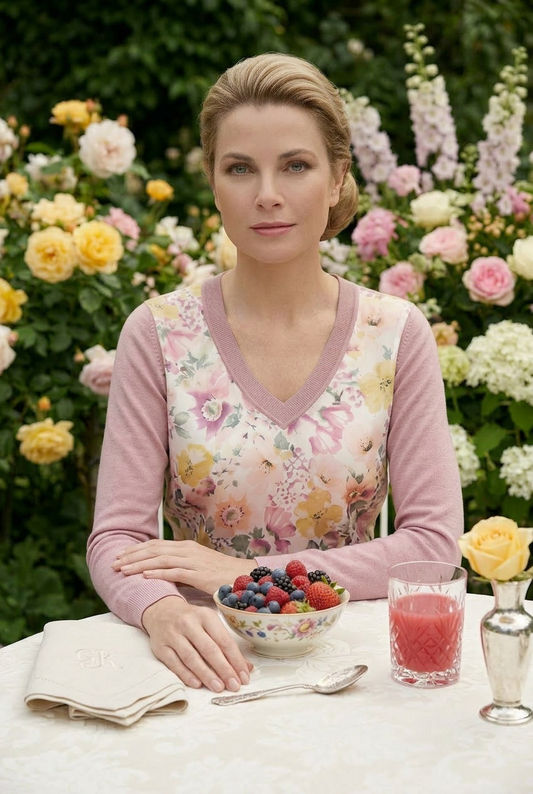 SMALL SUGAR PINK COTTON CASHMERE V-NECK LONG SLEEVE PULL OVER WITH SILK GARDEN PRINT OF THE PRETTIEST PINK & YELLOW WILD FLOWERS FROM MILICA’S GARDEN WITH SILK LINING