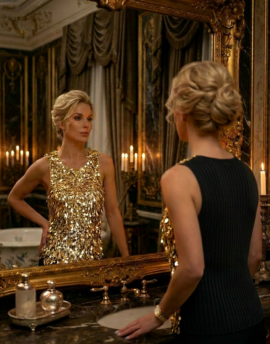 BLACK CASHMERE TANK WITH FRONT EMBELLISHMENT OF 3D GOLD TRINKETS ON NUDE TULLE AND LINED WITH NUDE TULE (SIZE M)