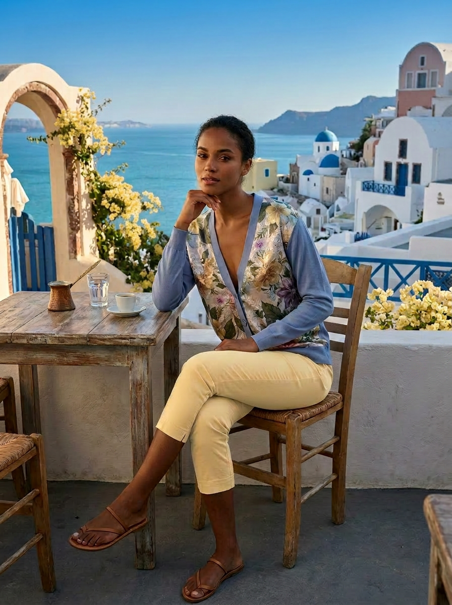 S LIGHT BLUE LIGHTWEIGHT COTTON CASHMERE, VNECK CARDIGAN WITH LONG SLEEVES AND FRONT PANEL INSERTS OF LIQUID WHITE GARDEN, WITH SILVER HAZE OVERLAY ON MULTICOLORED FLOWERS WITH WHITE CHIFFON LINING