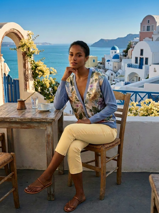 S LIGHT BLUE LIGHTWEIGHT COTTON CASHMERE, VNECK CARDIGAN WITH LONG SLEEVES AND FRONT PANEL INSERTS OF LIQUID WHITE GARDEN, WITH SILVER HAZE OVERLAY ON MULTICOLORED FLOWERS WITH WHITE CHIFFON LINING