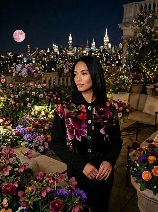 S BLACK 100% ORGANIC COTTON COLLARED CARDIGAN WITH BLACK VELVET FLORAL GARDEN FRONT PANELS LINED WITH BLACK CHIFFON