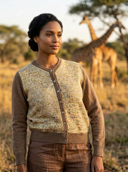 SMALL NUDE 100% CASHMERE CREW NECK CARDIGAN WITH LOONG SLEEVES AND MARC 60s GIRAFFE BOUCLE IN YELLOW NUDE AND METALLIC GOLD TWEED LINED IN SILK