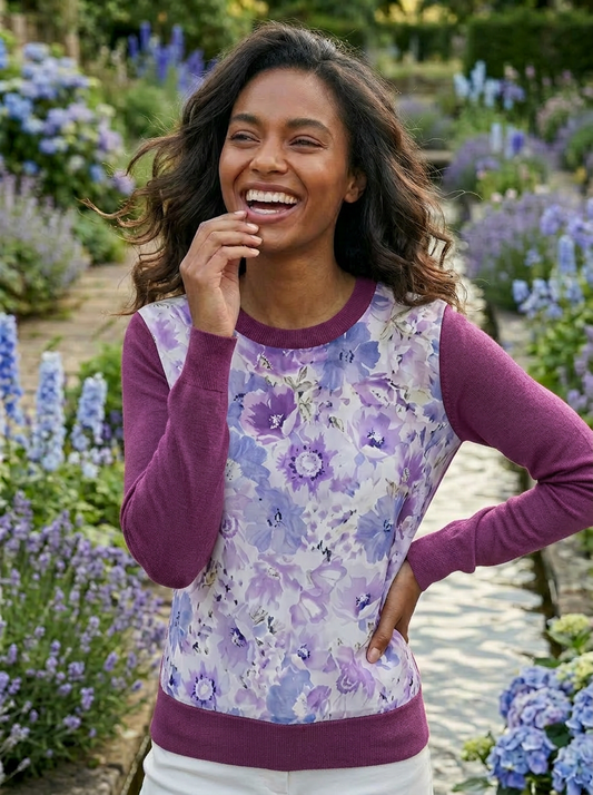 MEDIUM WILD BERRY COTTON CASHMERE CREW NECK WITH LONG SLEEVE TRUE BLUE AND LOVING LAVENDER FLOWERS FROM KENSINGTON GARDENS ON FRESH CREAM SILK WITH FRONT PANEL LINED WITH SILK