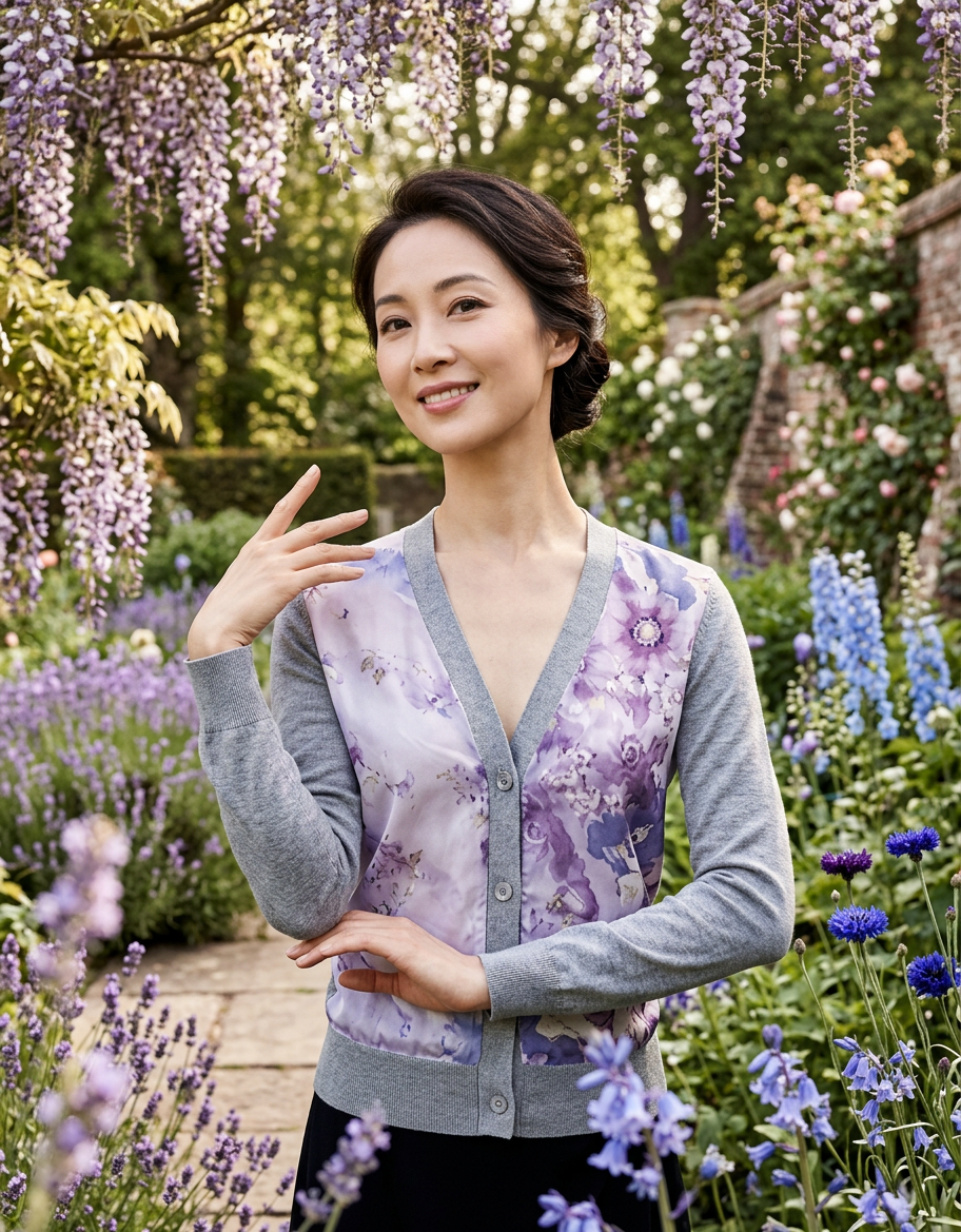 SMALL LIGHT GREY COTTON CASHMERE V-NECK CARDIGAN WITH LONG SLEEVE TRUE BLUE AND LOVING LAVENDER FLOWERS FROM KENSINGTON GARDENS ON FRESH CREAM SILK WITH FRONT PANELS LINED WITH SILK