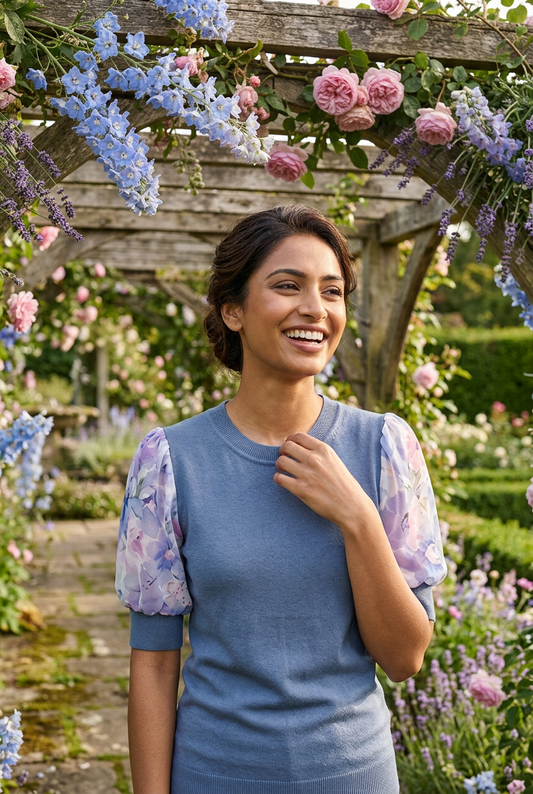 SMALL TRUE BLUE CREW NECK COTTON CASHMERE PULL OVER WITH SHORT PUFFS SLEEVES OF 2 HYDE PARK GARDENS WILD BABY BLUE & PRETTIEST PINK FLOWERS ON ANGEL WHITE SILK WITH SILK LINING