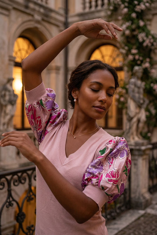 SMALL SUGAR PINK COTTON CASHMERE V-NECK WITH PUFF SLEEVE OF CANDY COLORED METALLIC WILD FLOWERS ETCHED IN ROSE GOLD FLOATING THROUGH COTTON CANDY PINK ORGANZA SKIES