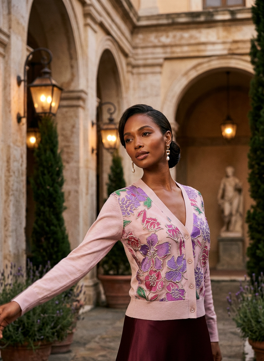 SUGAR PINK COTTON CASHMERE V-NECK CARDIGAN OF CANDY COLORED METALLIC WILD FLOWERS ETCHED IN ROSE GOLD FLOATING THROUGH COTTON CANDY PINK ORGANZA SKIES LINED WITH SILK