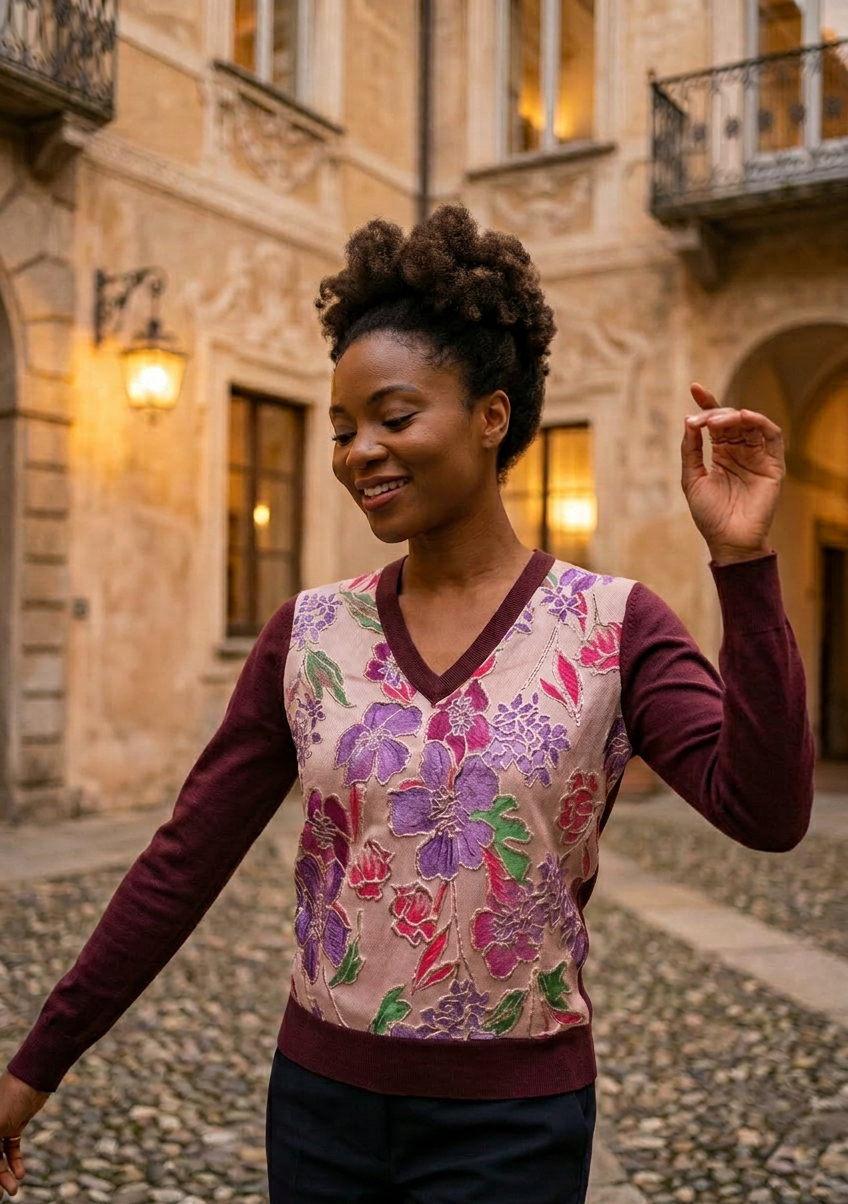 SMALL WILDBERRY COTTON CASHMERE LONG SLEEVE V-NECK CARDIGAN OF CANDY COLORED METALLIC WILD FLOWERS ETCHED IN ROSE GOLD FLOATING THROUGH COTTON CANDY PINK ORGANZA SKIES LINED WITH SILK