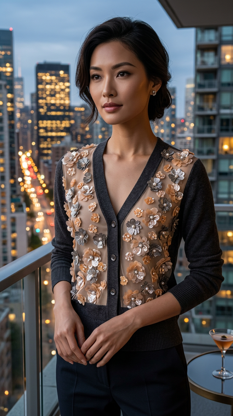 MEDIUM MOCHA V-NECK, COTTON CASHMERE LONG SLEEVE CARDIGAN WITH PEARLS IN PLATINUM AND PEACH PETAL 3D FLOWERS ON PALE PEACH TULLE LINED FRONT PANEL WITH PALE PEACH SILK LINING