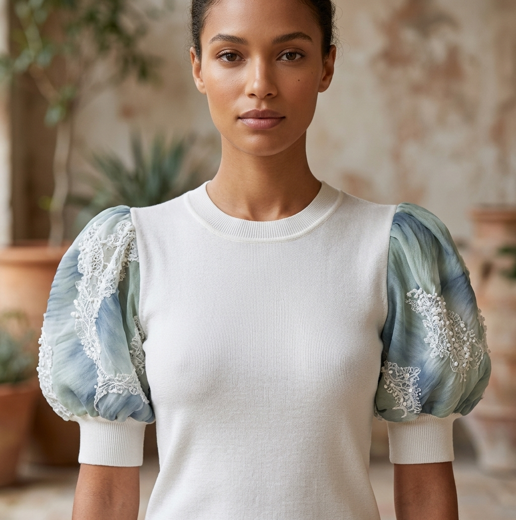SMALL WHITE 100% CASHMERE CREW NECK TEE WITH PUFF SLEEVES ENCRUSTED WITH WAVES OF MIRCO SEQUINS MINI PEARLS AND TINY CRYSTAL BEADS EMBROIDERED ON PIN TUCED EMBROIDERED ON PIN TUCKED ANGEL WHITE TULLE AND SHADES OF SKY BLUE TULLE