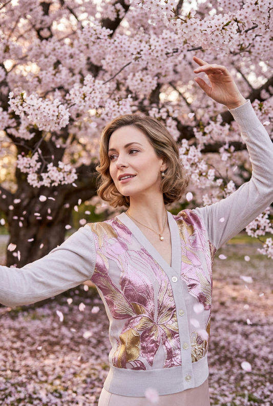 MEDIUM CREAM LIGHTWEIGHT COTTON CASHMERE BLEND LONG SLEEVE V-NECK WITH FRONT INSET OF BROCADE GARDEN OF GOLD AND PINK GERANIUMS