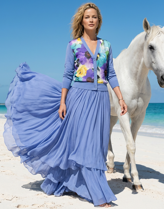 SMALL DUSTY BLUE COTTON BLUE CASHMERE V-NECK CARDIGAN WITH A FLORAL RAINBOW OUQUET OF HELLO YELLOW, BRILLIANT BLUE GORGEOUS GRAPEFLOWERS ON CLOUD DANCER SILK FRONT PANEL INSERTS