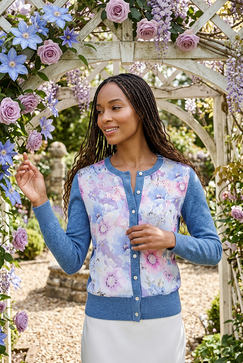 SMALL SKY BLUE 100% CASHMERE CREW NECK CARDIGAN WITH LONG SLEEVES OF 2 HYDE PARK GARDENS WILD BABY BLUE & PRETTIEST PINK FLOWERS ON ANGEL WHITE SILK WITH FRONT PANELS WITH SILK LINING