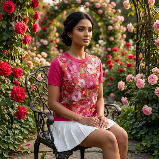 PINK CASHMERE T SHIRT WITH FRONT EMBELLISHED BARBIE PINK, PEONIES PINK & RED HOT FLOWERS WITH GORGEOUS GREEN VINES ON NUDE TULLE (SIZE L)