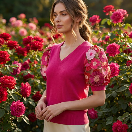 PINK CASHMERE V NECK WITH FRONT EMBELLISHED BARBIE PINK, PEONIES PINK & RED HOT FLOWERS WITH GORGEOUS GREEN VINES ON NUDE TULLE (SIZE M)