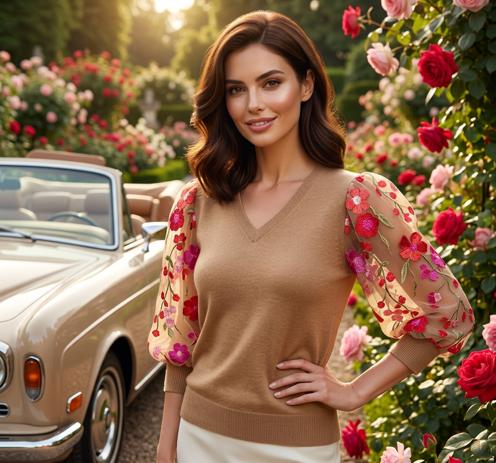 NUDE CASHMERE V NECK WITH  PUFF SLEEVE EMBELLISHED BARBIE PINK, PEONIES PINK & RED HOT FLOWERS WITH GORGEOUS GREEN VINES ON NUDE TULLE (SIZE M)