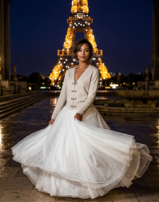 SMALL OFF WHITE COTTON CASHMERE V-NECK CARDIGAN WITH GALINDAS SPARKLY TIARA CLOSURE IN PLATINUM