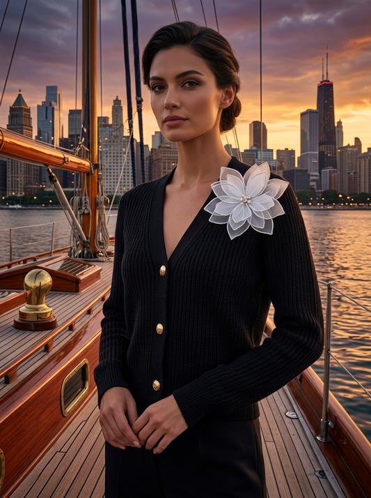 SMALL BLACK 100% ORGANIC COTTON FISHERMAN’S KNIT V-NECK CARDIGAN WITH LONG SLEEVES & 3 GOLD BUTTONS & 3D CRYSTAL & TULLE BEADED LOVE IN THE MIST FLOWER HOMAGE TO IRIS V H