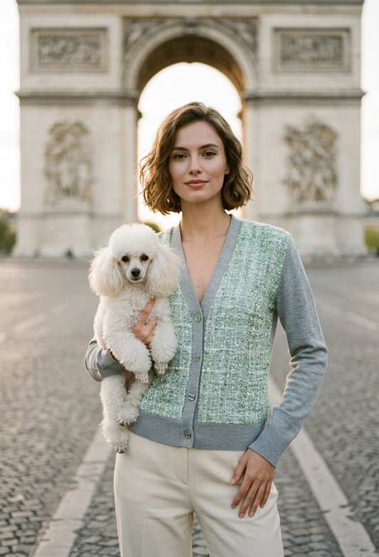 MEDIUM LIGHT GREY COTTON CASHMERE V-NECK CARDIGAN WITH LONG SLEEVES AND A MINTY MISTY TWIST TO COCOS CLASSIC BRUNCH=Y SKY BLUE BOUCLE TWEEDS LINED WITH TULLE
