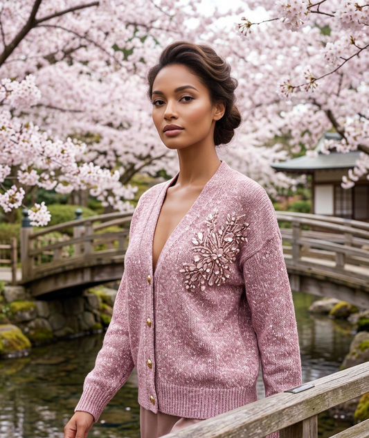 SMALL RASPBERRY PINK TWEED 100% ORGANIC COTTON FISHERMANS KNIT V-NECK CARDIGAN THREE GOLD BUTTONS WITH LONG SLEEVES AND GOLDEN BRANCHES WITH CHERRY PINK BLOSSOMS