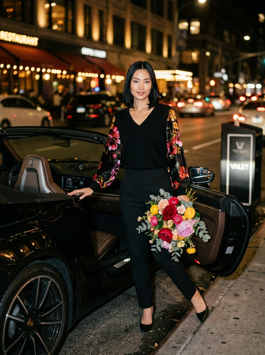 S BLACK 100% CASHMERE VNECK WITH BLACK VELVET FLORAL GARDEN LONG LANTERN SLEEVE LINED WITH BLACK CHIFFON