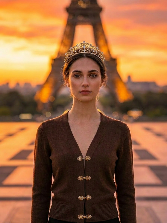 SMALL MOCHA COTTON CASHMERE V-NECK CARDIGAN WITH LONG SLEEVES AND GALINDAS SPARKLY TIARA CLOSURE IN GOLD