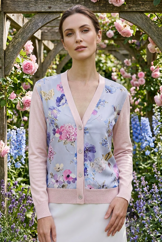 MEDIUM PINK SUGAR COTTON CASHMERE BLEND V-NECK CARDIGAN WITH 2 HYDE PARK GARDENS WILD BABY BLUE AND PRETTIEST FLOWERS ON ANGEL WHITE SILK WITH FRONT PANELS WITH SILK LINING