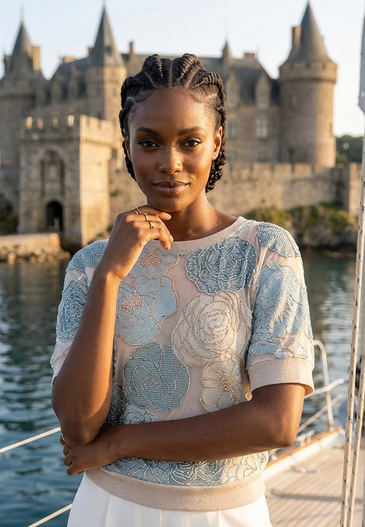 SMALL OATMEAL COTTON CASHMERE DOLMAN SLEEVE JERSEY WITH WITH GOLD GILDED ETCHINGS OF SKY BLUE AND AQUA FLOWERS ON CREME FRESH ORGANZA WITH CREAMY SILK LINED FRONT PANEL