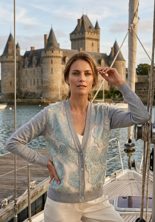 SMALL LIGHT GREY COTTON CASHMERE V-NECK CARDIGAN WITH GOLD GILDED ETCHINGS OF SKY BLUE AND AQUA FLOWERS ON CREME FRESH ORGANZA WITH MISTY GRAY SILK LINED FRONT PANELS AND 4 BUTTONS