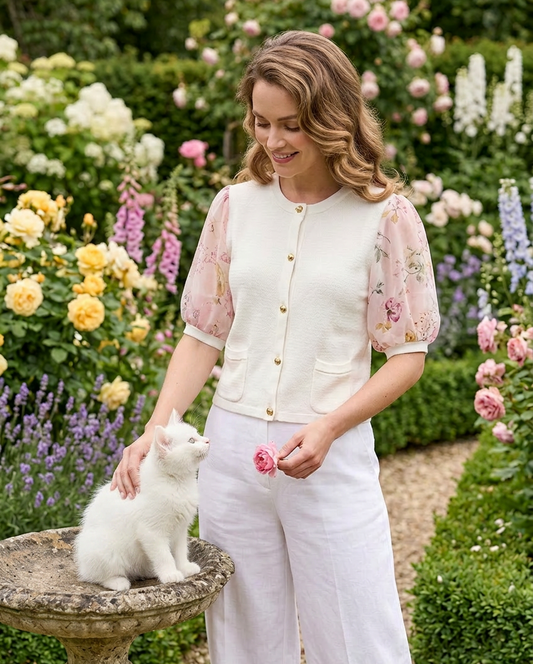 LARGE WHITE 100% ORGANIC COTTON KIT KNIT CREW NECK 5 BUTTON JACKET WITH SILK GARDEN PRINT OF THE PRETTIEST PINK & YELLOW WILD FLOWERS FROM MILICA’S GARDEN WITH SILK LINING