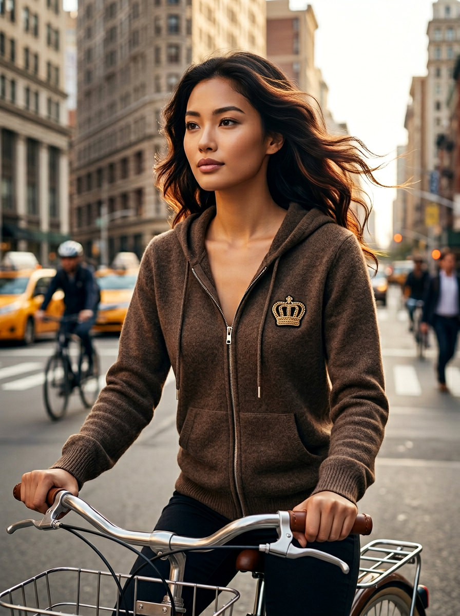 LARGE BROWN 100% CASHMERE  HOODIE WITH LONGSLEEVES,  ZIPPER FRONT AND SPARKLE DRAWSTRING WITH CROWN EMBELLISHMENT(AVAILABLE INS M L XL)