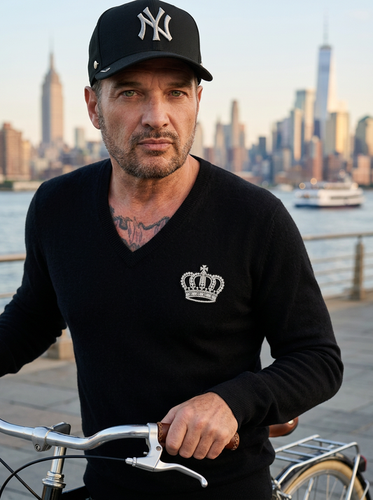 LARGE BLACK 100% CASHMERE CREWNECK V-NECK PULLOVER LONG SLEEVE WITH CROWN EMBELLISHMENT  (AVAILABLE S M L XL)