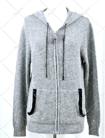 SMALL LIGHT-GRAY 100% CASHMERE HOODIE WITH LONGSLEEVES ZIPPER FRONT & SPARKLE DRAWSTRING WITH JET BEADED TRIM ON POCKETS (AVAILABLE IN S M L XL)