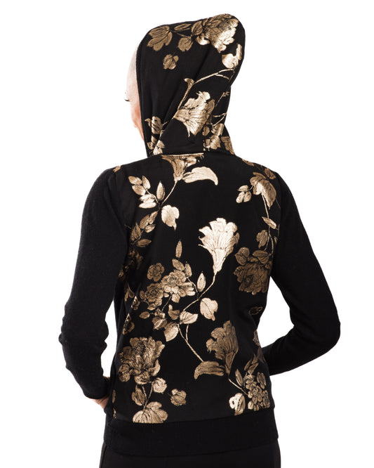 SMALL BLACK LONG SLEEVE CASHMERE HOODIE WITH BACK AND HOOD OF BLACK AND GOLD FLORAL BROCADE