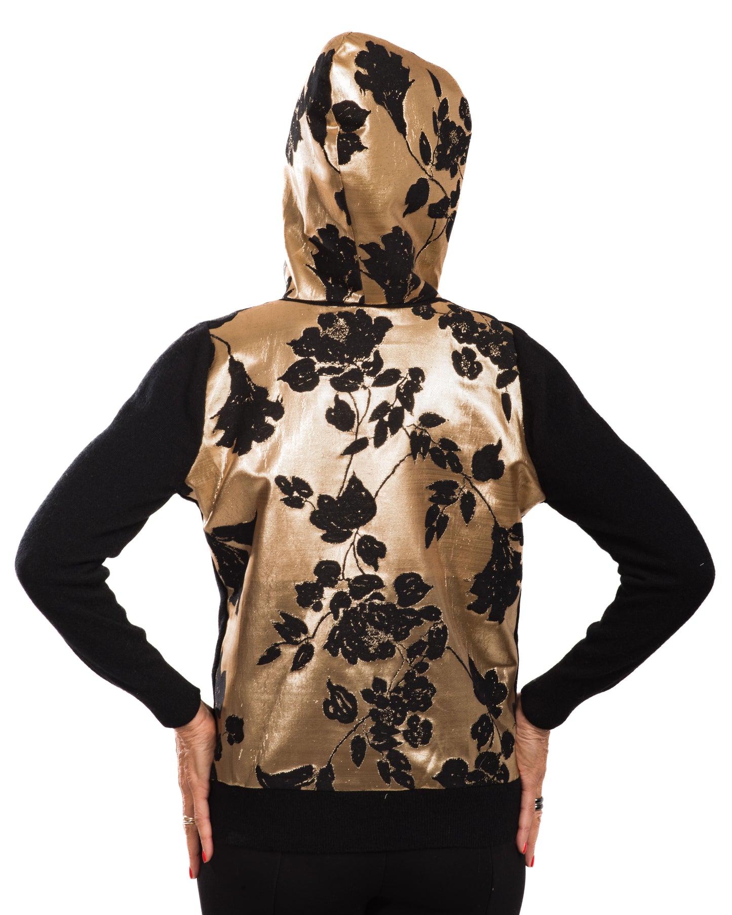 SMALL BLACK LONG SLEEVE CASHMERE HOODIE WITH BACK AND HOOD OF GOLD AND BLACK FLORAL BROCADE