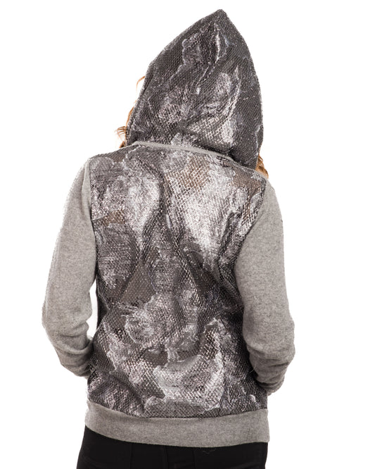 MEDIUM GREY LONG SLEEVE CASHMERE HOODIE WITH BACK AND HOOD OF SILVER ROSES WITH SILVER CAGING ON SLATE SILK ORGANZA