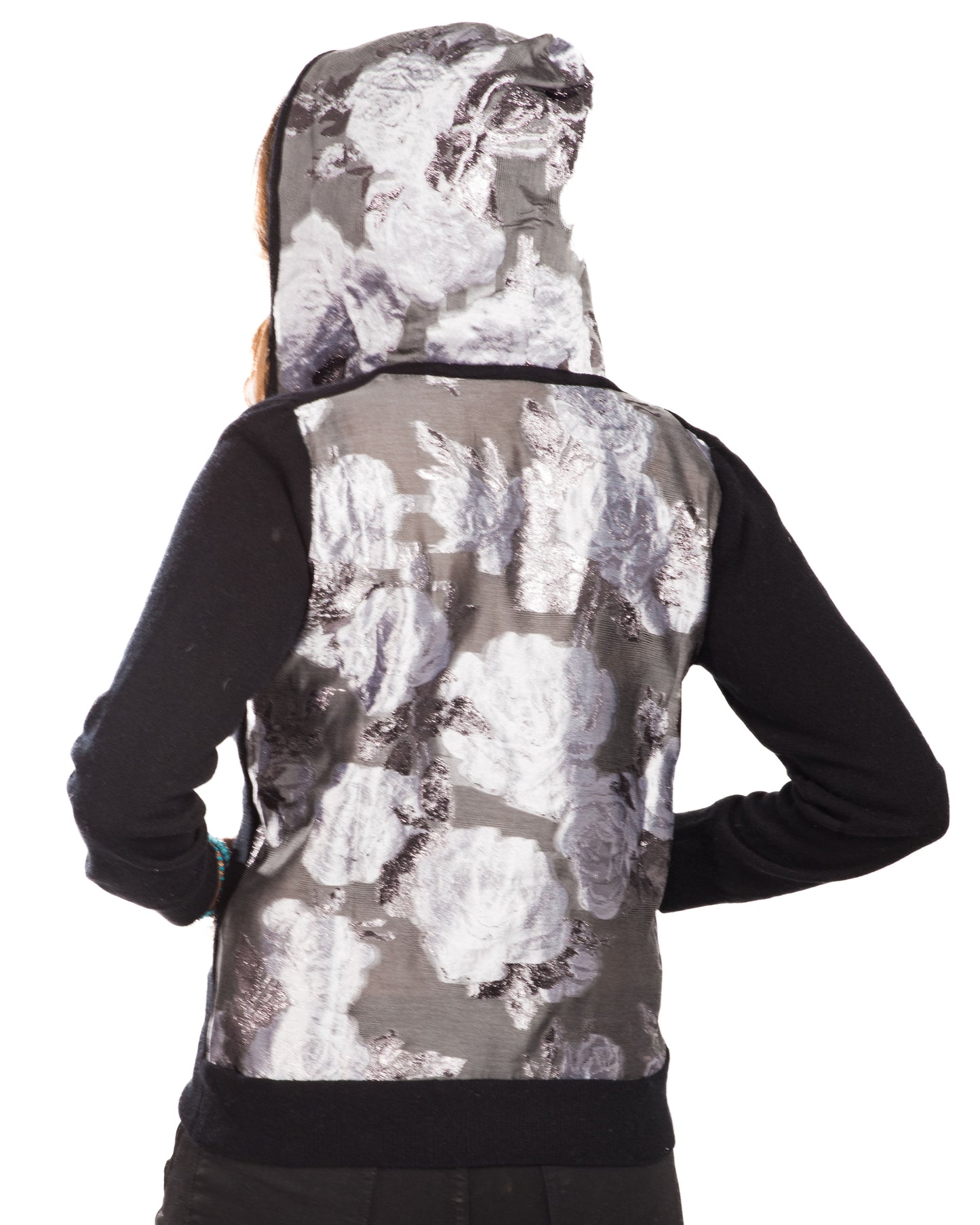MEDIUM BLACK LONG SLEEVE CASHMERE HOODIE WITH BACK AND HOOD OF SILVER ROSES ON SLATE SILK ORGANZA