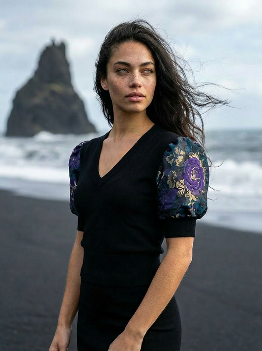 M BLACK LIGHTWEIGHT COTTON CASHMERE VNECK WITH SHORT PUFF SLEEEVE LINED WITH BLACK CHIFFON