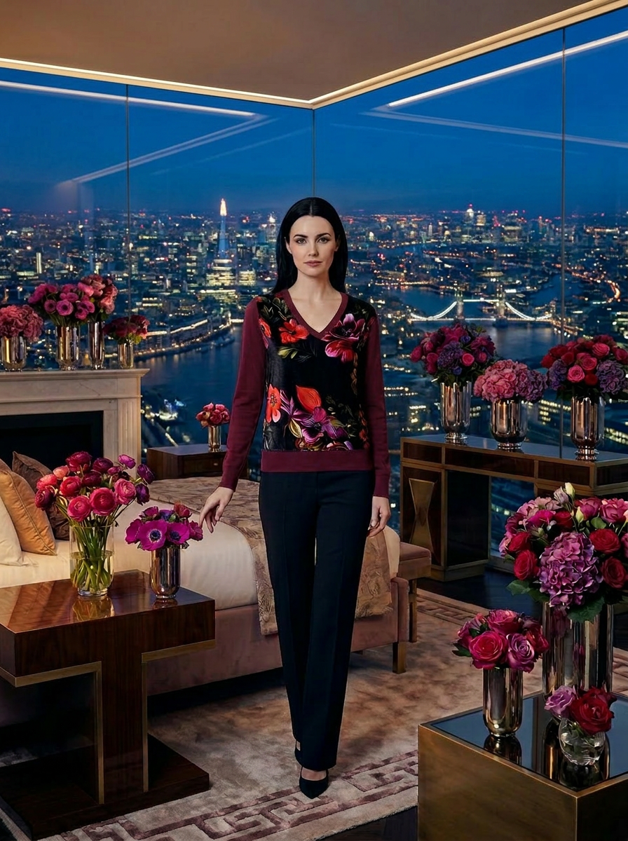 M BURGUNDY 100% CASHMERE VNECK LONG SLEEVE SWEATER WITH BLACK VELVET FLORAL GARDEN FRONT PANEL LINED IN BLACK CHIFFON