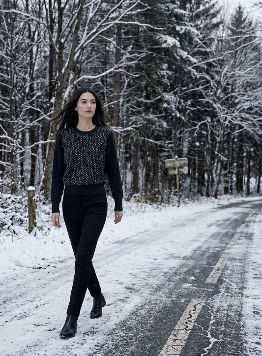 M BLACK CASHMERE CROPPED CREW NECK WITH BLACK, SILVER &amp; WHITE BOUCLE FRONT PANEL WITH SILK LINING
