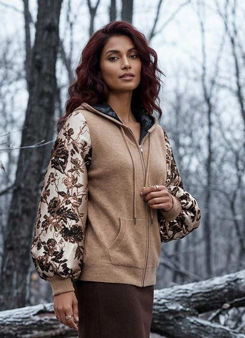 M NUDE CASHMERE HOODIE WITH CHAMPAGNE FLORAL LANTERN SLEEVES AND HOOD WITH SILK LINING