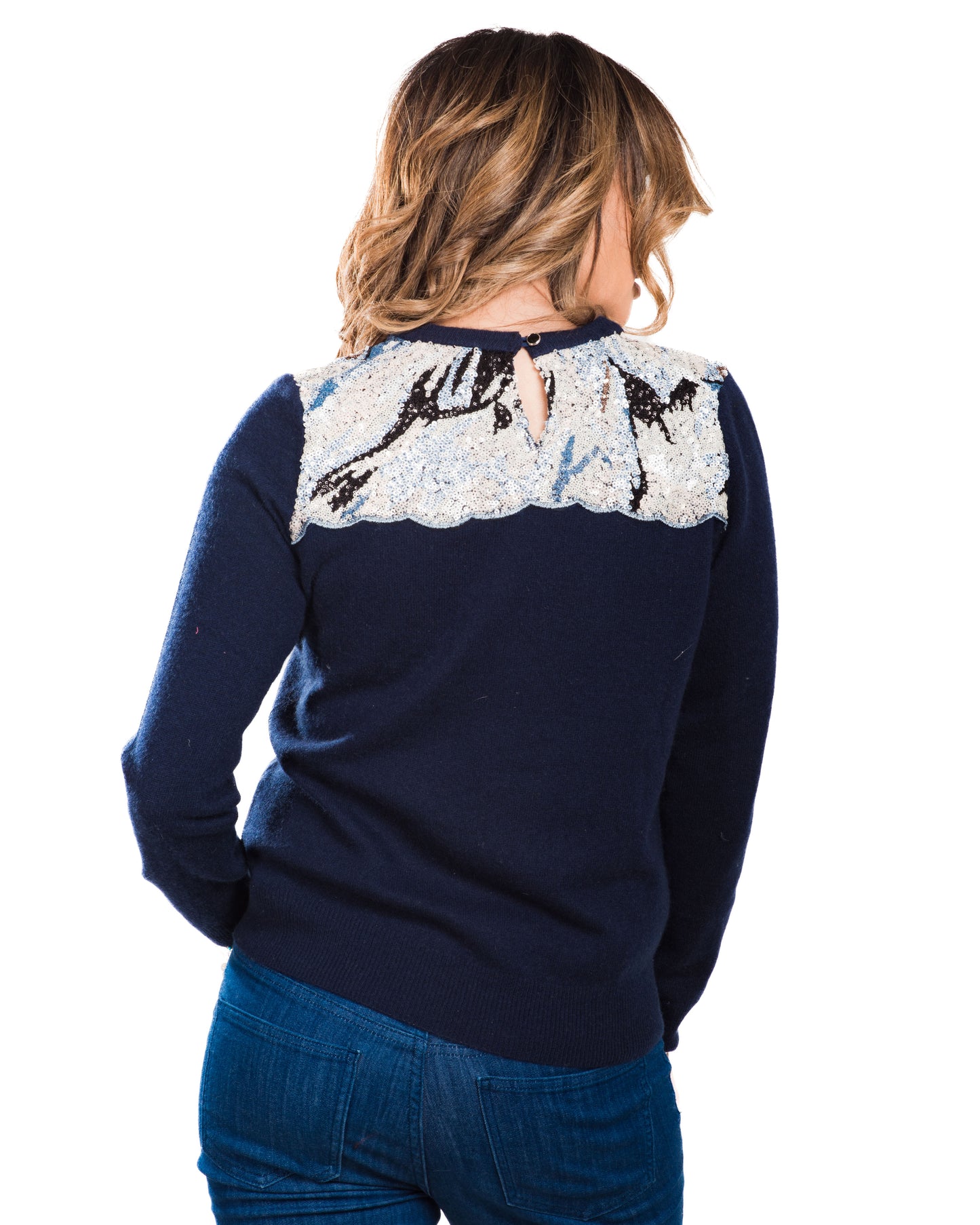 MEDIUM NAVY LONG SLEEVE CREW NECK CASHMERE SWEATER WITH FRONT AND BACK PEEKABOO DETAIL OF NAVY AND WHITE SEQUIN CAMO