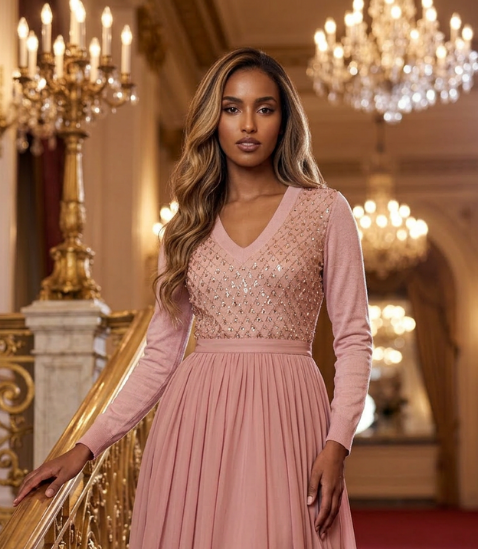 S PINK LIGHTWEIGHT COTTON CASHMERE VNECK WITH LONG SLEEVES AND FRONT INSERT OF DIAMOND EMBELLISHMENT OF PEARLS, SEQUINS AND BEADS ON PINK TULLE AND LINED WITH PINK TULLE