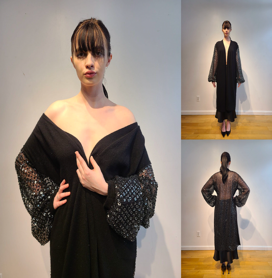 BLACK CASHMERE EVENING ROBE WITH LONG LANTERN SLEEVES EMBELLISHED WITH SILVER MICRO SEQUIN FLOWERS & BLACK JET BEADS & CASHMERE KNIT CUFFS (SIZE L)